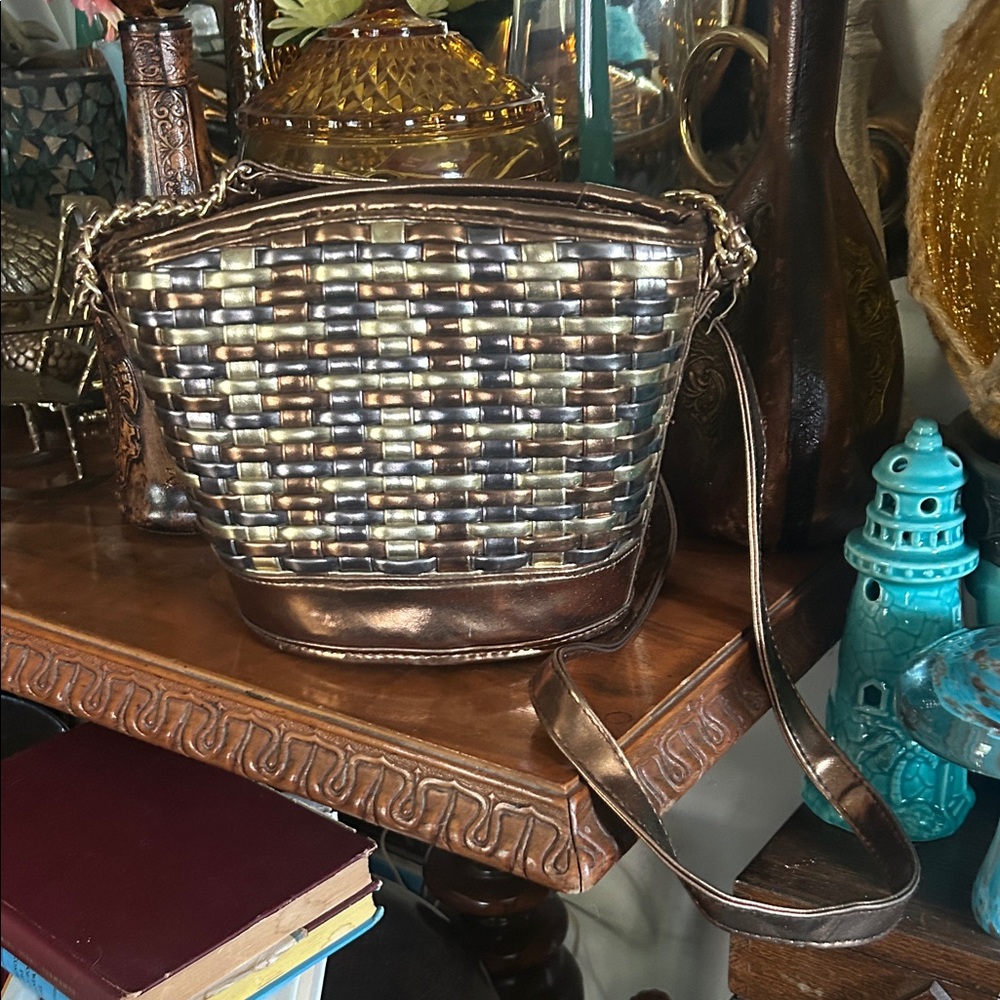 Vintage Gold & Bronze Basket Weave Crossbody Bag